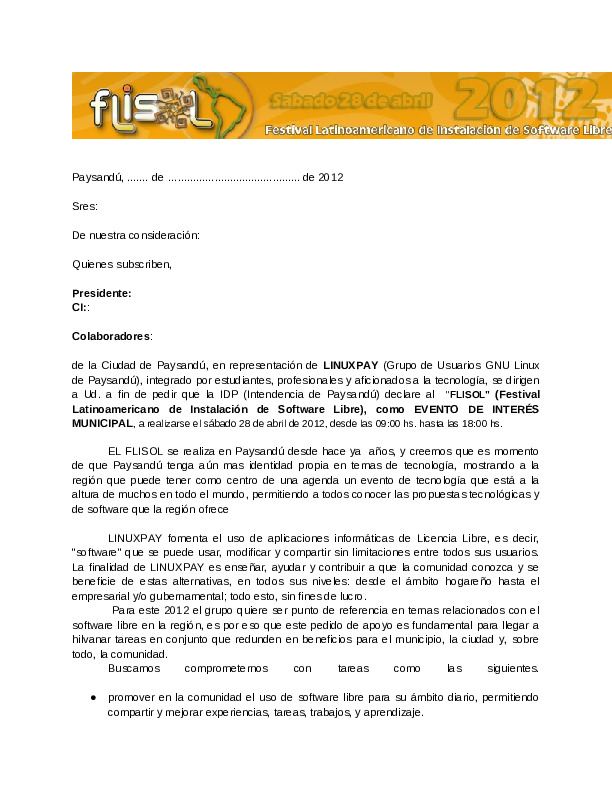 Solicitud de Declaratoria de Interés Municipal – Flisol Paysandú 2012